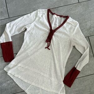 Gilded Intent White and Red Asymmetrical Tie Front Blouse 3/4 Sleeve